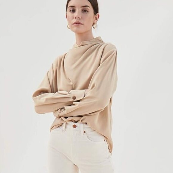 VINCE tan draped cowl neck long sleeve top - Picture 10 of 12